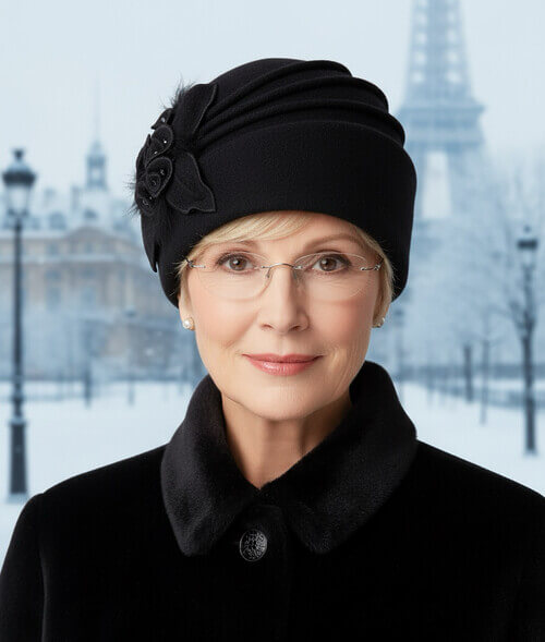 Caciula eleganta de dama in nuanta neagra, din lana merinos, cu flori stilizate si margele