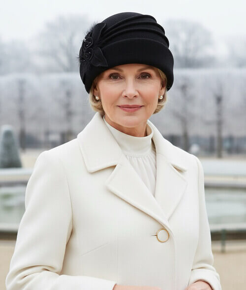 Caciula eleganta de dama in nuanta neagra, din lana merinos, cu flori stilizate si margele