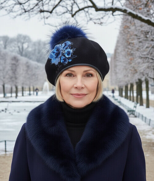 Caciula de dama tip bereta cu pompon din blanita Tavia - Culoare negru - WILLI.ro