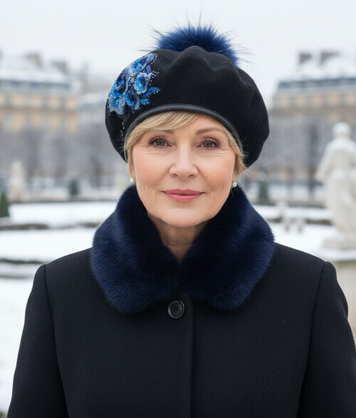 Caciula de dama tip bereta cu pompon din blanita Tavia - Culoare negru - WILLI.ro