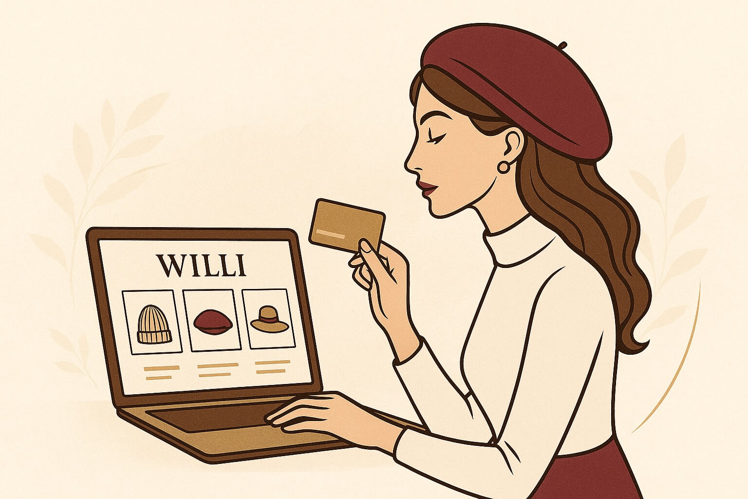 Clientă WILLI care plătește o comandă online pentru căciuli, pălării și berete elegante