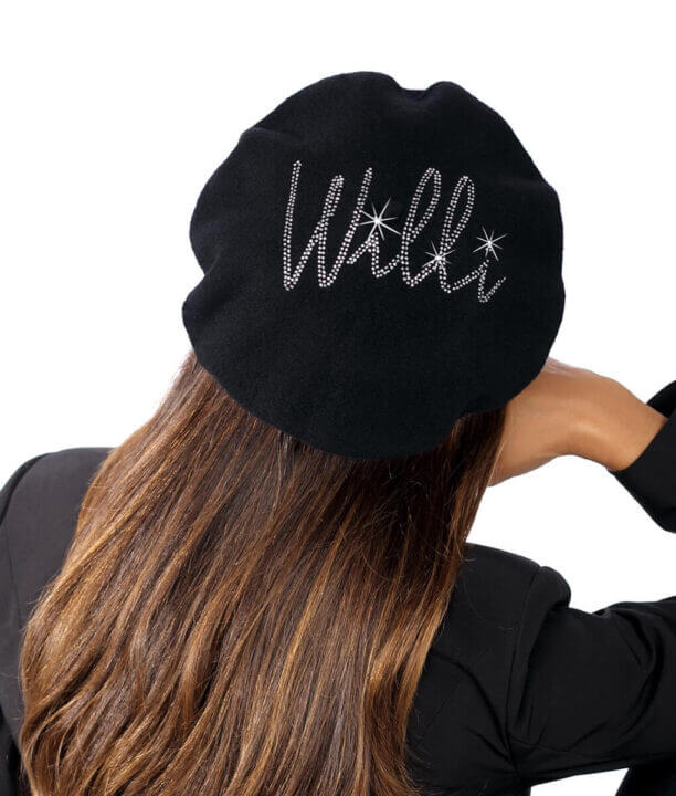 Caciula de dama tip bereta in nuanta neagra, din lana merinos, cu strasuri argintii