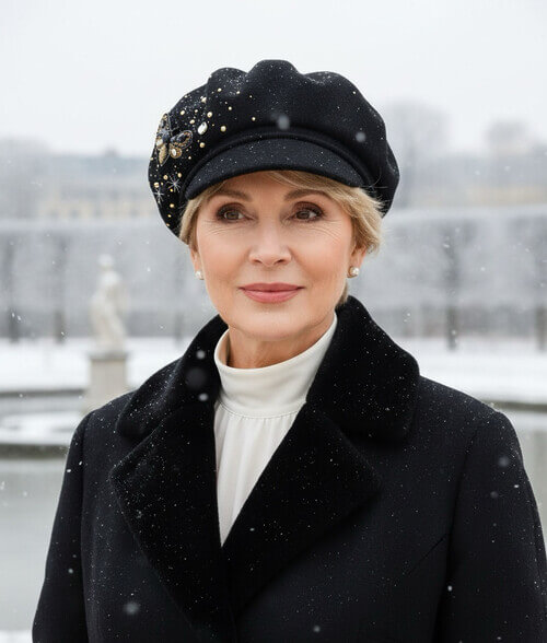 Caciula de dama tip bereta cu cozoroc, in nuanta neagra, din lana merinos, cu fluture brodat, cristale si strasuri