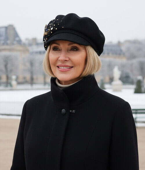 Caciula de dama tip bereta cu cozoroc, in nuanta neagra, din lana merinos, cu fluture brodat, cristale si strasuri