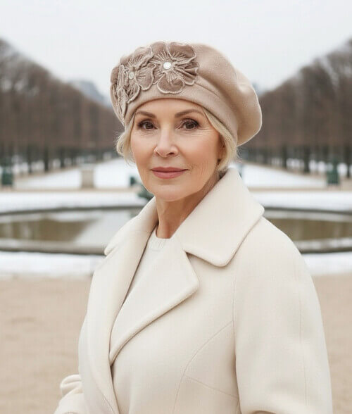 Caciula de dama tip bereta eleganta din tricot din lana merinos, cu flori stilizate din catifea