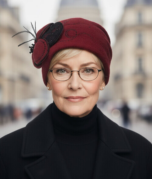 Caciula eleganta de dama din lana, cu floare stilizata, margele si pene