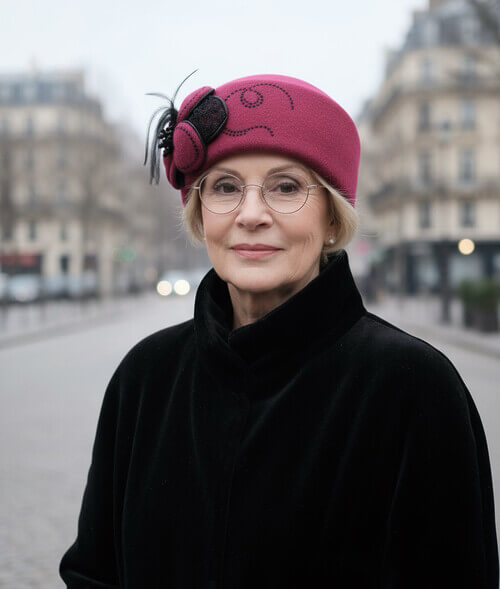 Caciula eleganta de dama fucsia inchis din lana, cu decor, pene si strasuri