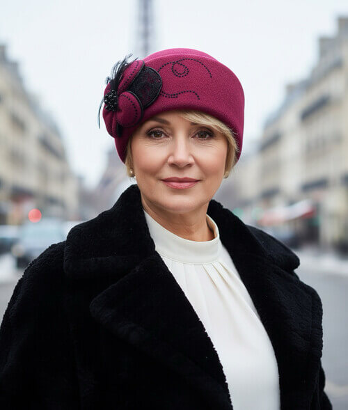 Caciula eleganta de dama fucsia inchis din lana, cu decor, pene si strasuri