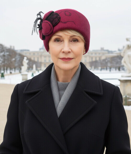 Caciula eleganta de dama fucsia inchis din lana, cu decor, pene si strasuri