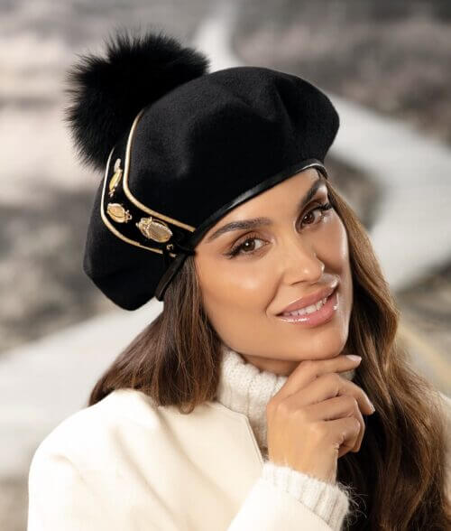 Caciula de dama tip bereta cu pompon din blanita Jord