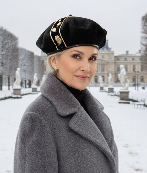 Caciula de dama tip bereta eleganta in nuanta neagra, din lana merinos, cu funda, cristale si strasuri