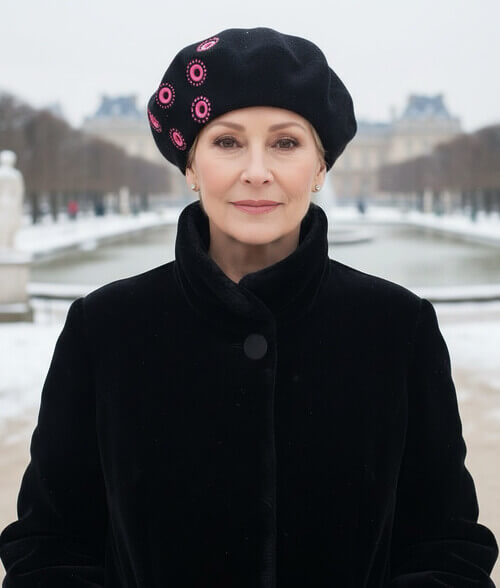 Caciula de dama tip bereta in nuanta neagra, din tricot din lana pura merinos, cu capse contrastante si strasuri