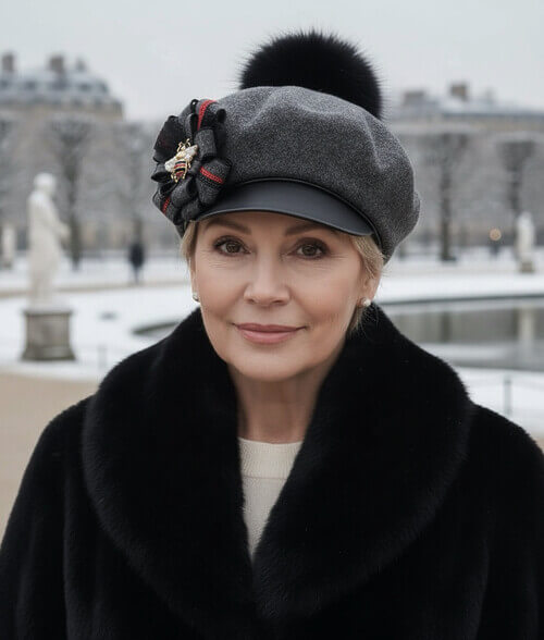 Caciula de dama tip bereta cu cozoroc si pompon Saran - Culoare Grafit deschis - WILLI.ro