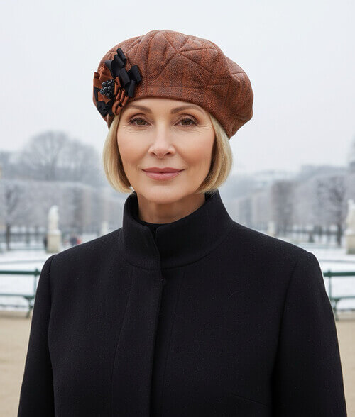 Bereta eleganta de dama in nuanta caramiziu, cu fundite si margele