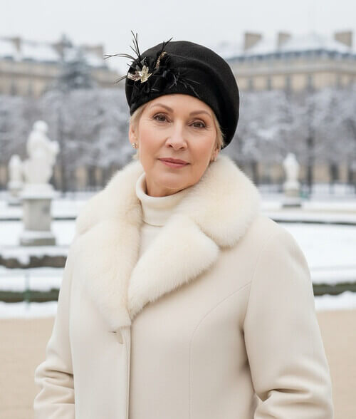 Caciula de dama stil bereta eleganta in nuanta neagra, din lana merinos, cu pene si funda