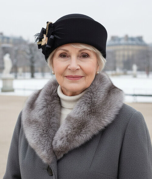 Caciula eleganta de dama in nuanta neagra, din lana merinos, cu pene, fundite si broderie