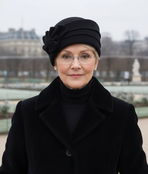 Caciula de dama in nuanta neagra, din lana merinos, cu bordura asimetrica si evantai stilizat