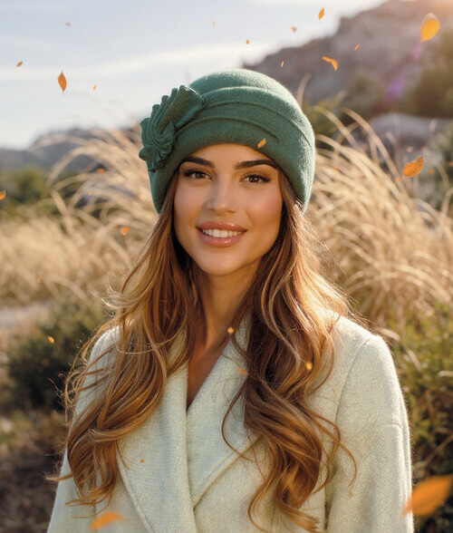 Caciula de dama in nuanta verde inchis, din lana merinos, cu bordura asimetrica si evantai stilizat