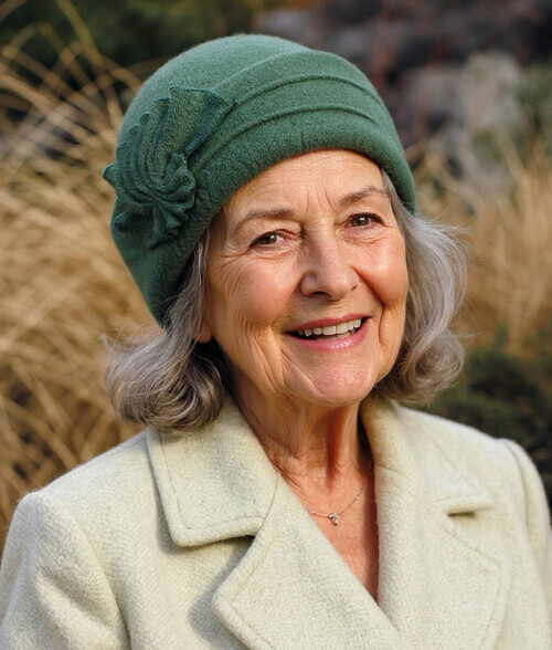 Caciula de dama in nuanta verde inchis, din lana merinos, cu bordura asimetrica si evantai stilizat