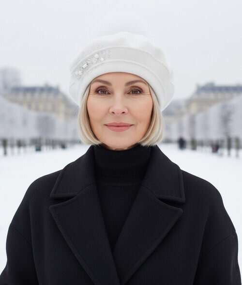 Caciula de dama tip bereta cu pompon din blanita in nuanta alba, din lana merinos, cu strasuri si cristale discrete