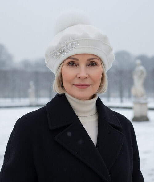 Caciula de dama tip bereta cu pompon din blanita in nuanta alba, din lana merinos, cu strasuri si cristale discrete