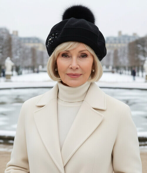 Caciula de dama tip bereta cu pompon din blanita in nuanta neagra, din lana merinos, cu strasuri si cristale discrete