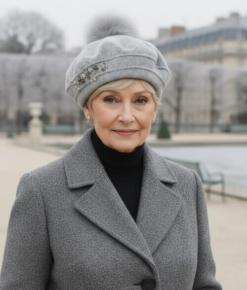 Caciula de dama tip bereta cu pompon din blanita in nuanta gri, din lana merinos, cu strasuri si cristale discrete