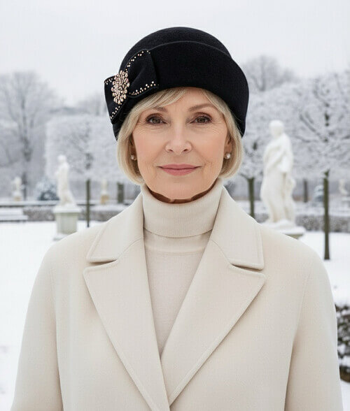 Caciula eleganta de dama in nuanta neagra, din lana merinos, cu funda stilizata, brosa si strasuri