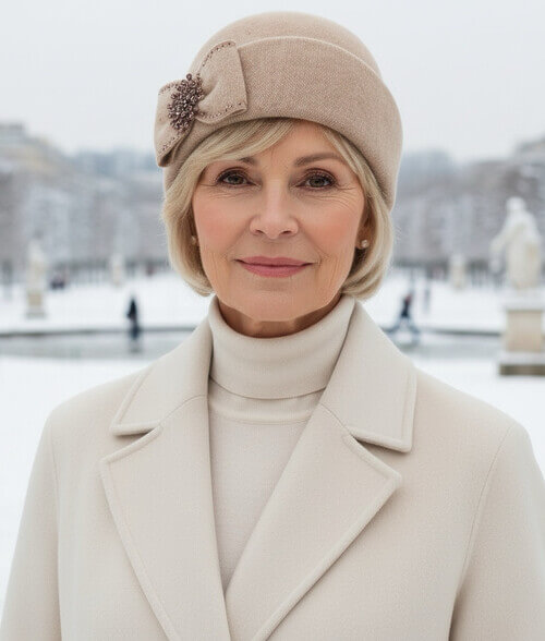 Caciula eleganta de dama in nuanta bej, din lana merinos, cu funda stilizata, brosa si strasuri