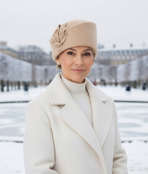 Caciula de dama stil toca in nuanta bej, din lana merinos, cu strasuri si bordura asimetrica