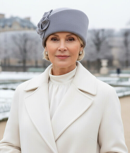 Caciula de dama stil toca in nuanta gri, din lana merinos, cu strasuri