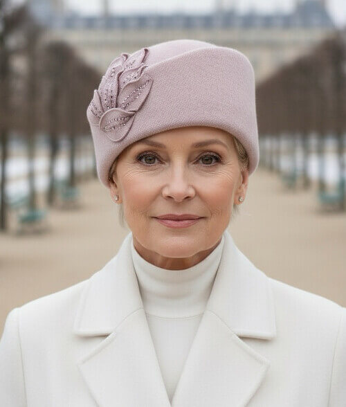 Caciula de dama stil toca in nuanta roz prafuit, din lana merinos, cu strasuri si bordura asimetrica