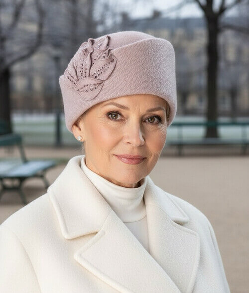 Caciula de dama stil toca in nuanta roz prafuit, din lana merinos, cu strasuri si bordura asimetrica