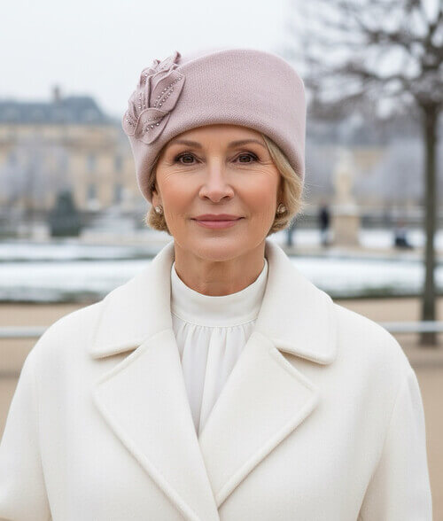 Caciula de dama stil toca in nuanta roz prafuit, din lana merinos, cu strasuri si bordura asimetrica