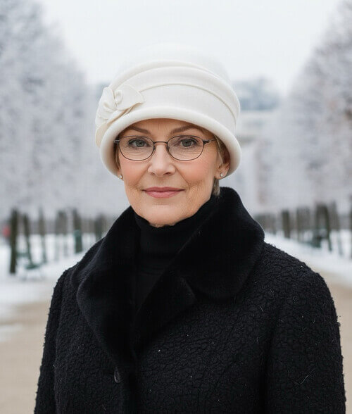 Video de prezentare pentru caciula de dama tip palarie Monic 1, confectionata din tricot fin din lana pura merinos, in nuanta alba, cu bor mic tubular, pliuri decorative si aplicatie florala laterala.