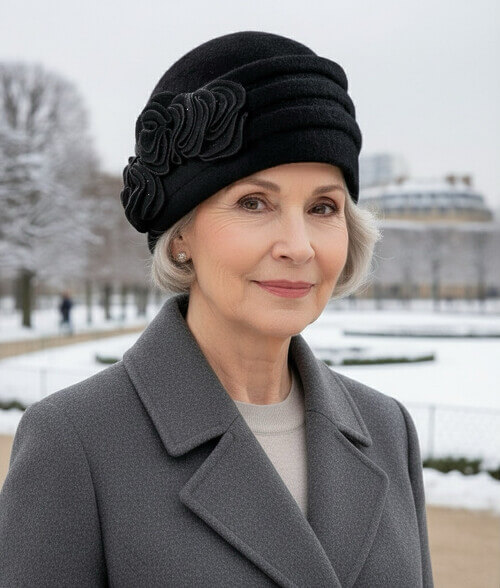 Caciula de dama in nuanta neagra, din lana merinos, cu pliuri decorative si aplicatie cu strasuri