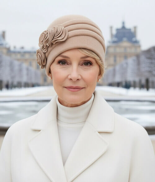 Caciula de dama in nuanta bej, din lana merinos, cu pliuri decorative si aplicatie cu strasuri