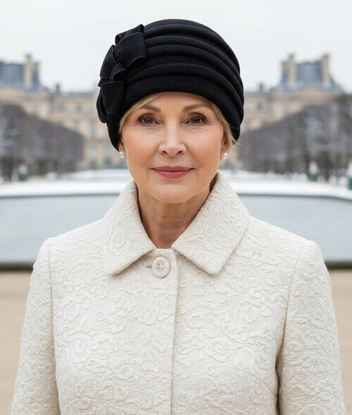 Caciula eleganta de dama in nuanta neagra, din lana merinos, cu pliuri decorative si fundite cu strasuri