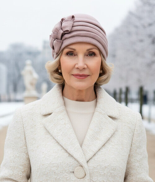 Caciula eleganta de dama in nuanta roz prafuit, din lana merinos, cu pliuri decorative si fundite cu strasuri