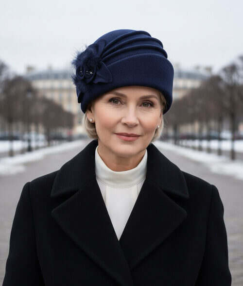 Caciula eleganta de dama in nuanta bleumarin, din lana merinos, cu flori stilizate si margele