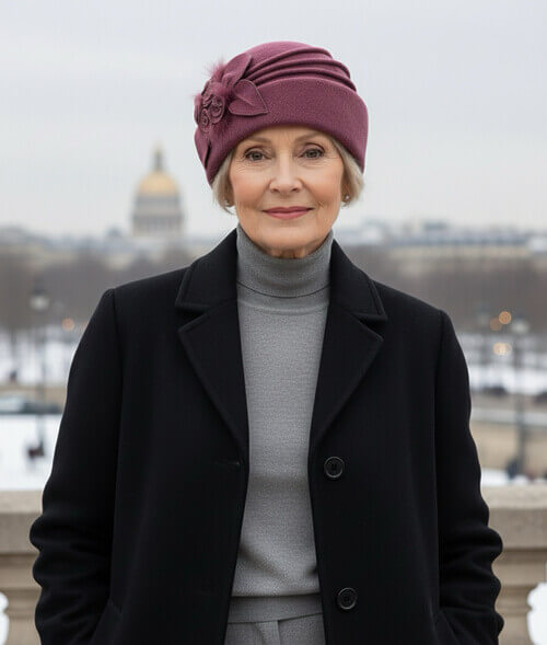 Caciula eleganta de dama in nuanta roz inchis prafuit, din lana merinos, cu flori stilizate si margele