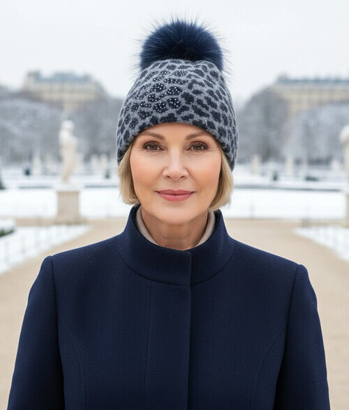 Caciula de dama cu pompon din blanita in nuanta animal print gri bleumarin, din lana merinos, cu strasuri discrete