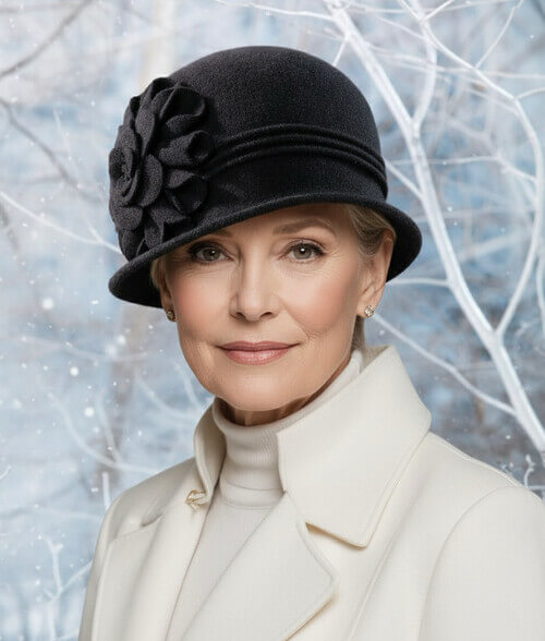 Caciula de dama stil palarie in nuanta neagra, din lana merinos, cu decor floral lateral