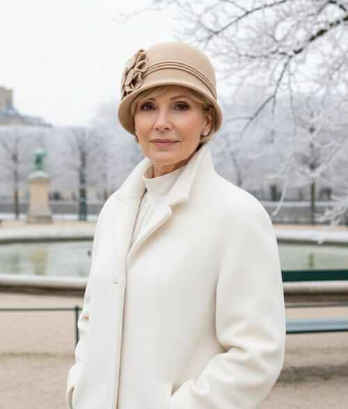 Caciula de dama stil palarie in nuanta bej, din lana merinos, cu decor floral lateral