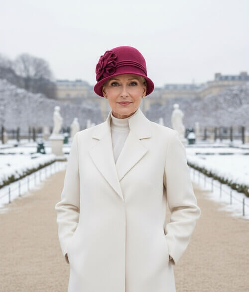 Caciula de dama stil palarie in nuanta fucsia inchis, din lana merinos, cu decor floral lateral