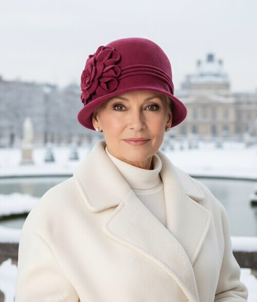 Caciula de dama stil palarie in nuanta fucsia inchis, din lana merinos, cu decor floral lateral