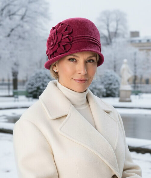 Caciula de dama stil palarie in nuanta fucsia inchis, din lana merinos, cu decor floral lateral