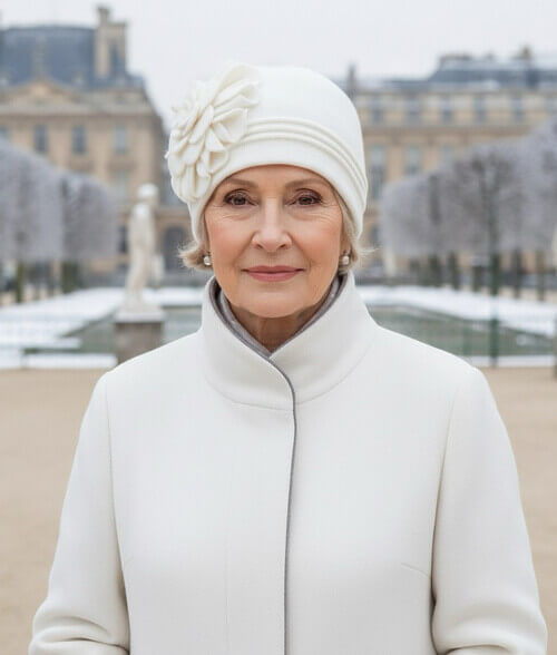 Caciula de dama in nuanta alba, din lana merinos, cu floare laterala aplicata