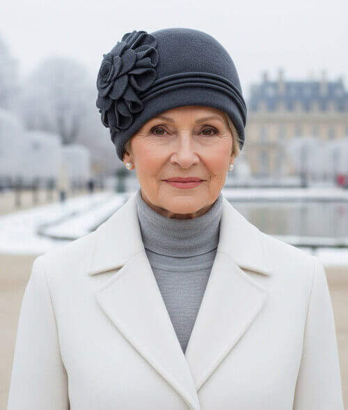 Caciula de dama in nuanta denim, din lana merinos, cu floare laterala aplicata