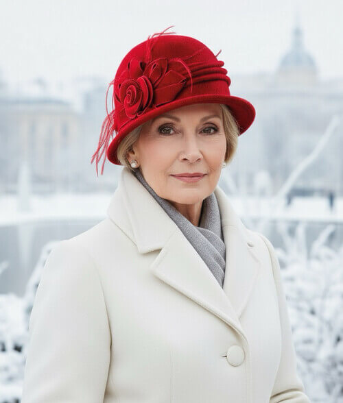 Caciula de dama stil palarie in nuanta rosie, din lana merinos, cu decor floral lateral si pene